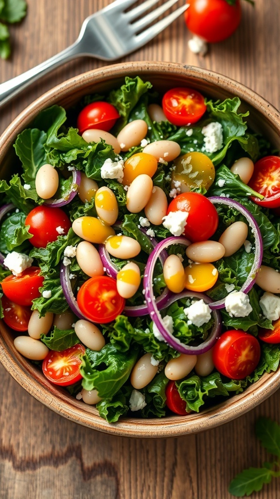 A colorful kale and white bean salad with cherry tomatoes and red onion in a rustic bowl.